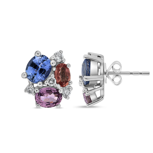 14K White Gold Oval Multi-Color Sapphire Cluster Earrings