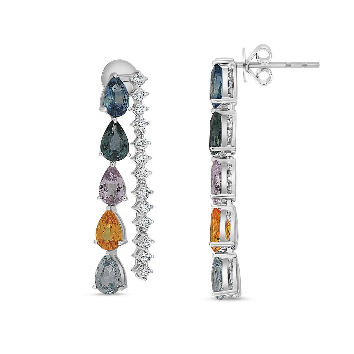 14K White Gold Pear Multi-Color Sapphire Earrings
