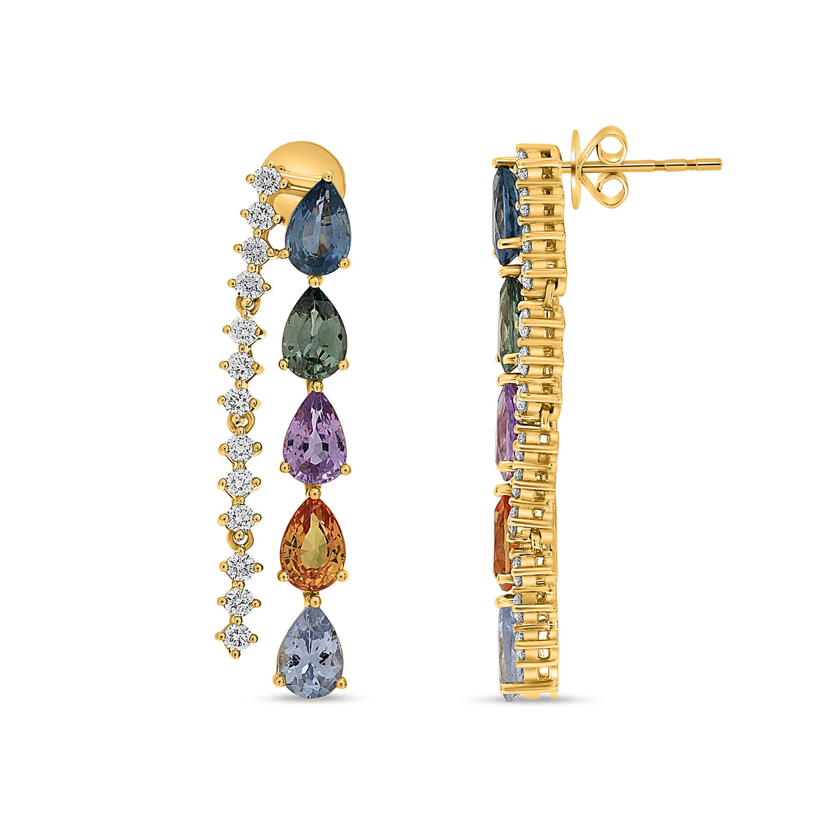 14K Yellow Gold Pear Multi-Color Sapphire Earrings