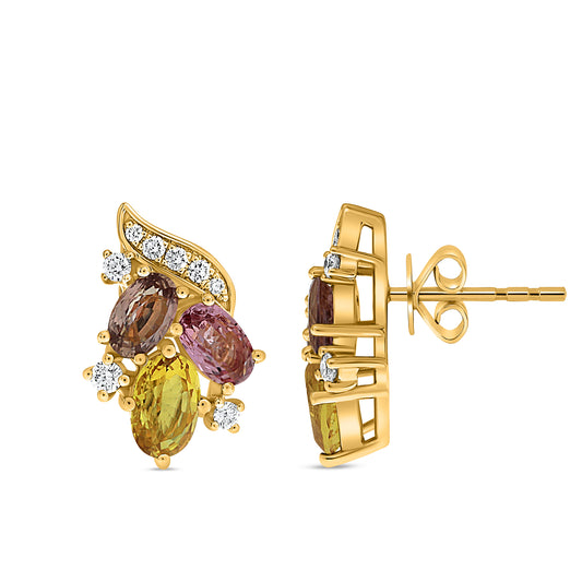 14K Yellow Gold Oval Multi-Color Sapphire Cluster Earrings
