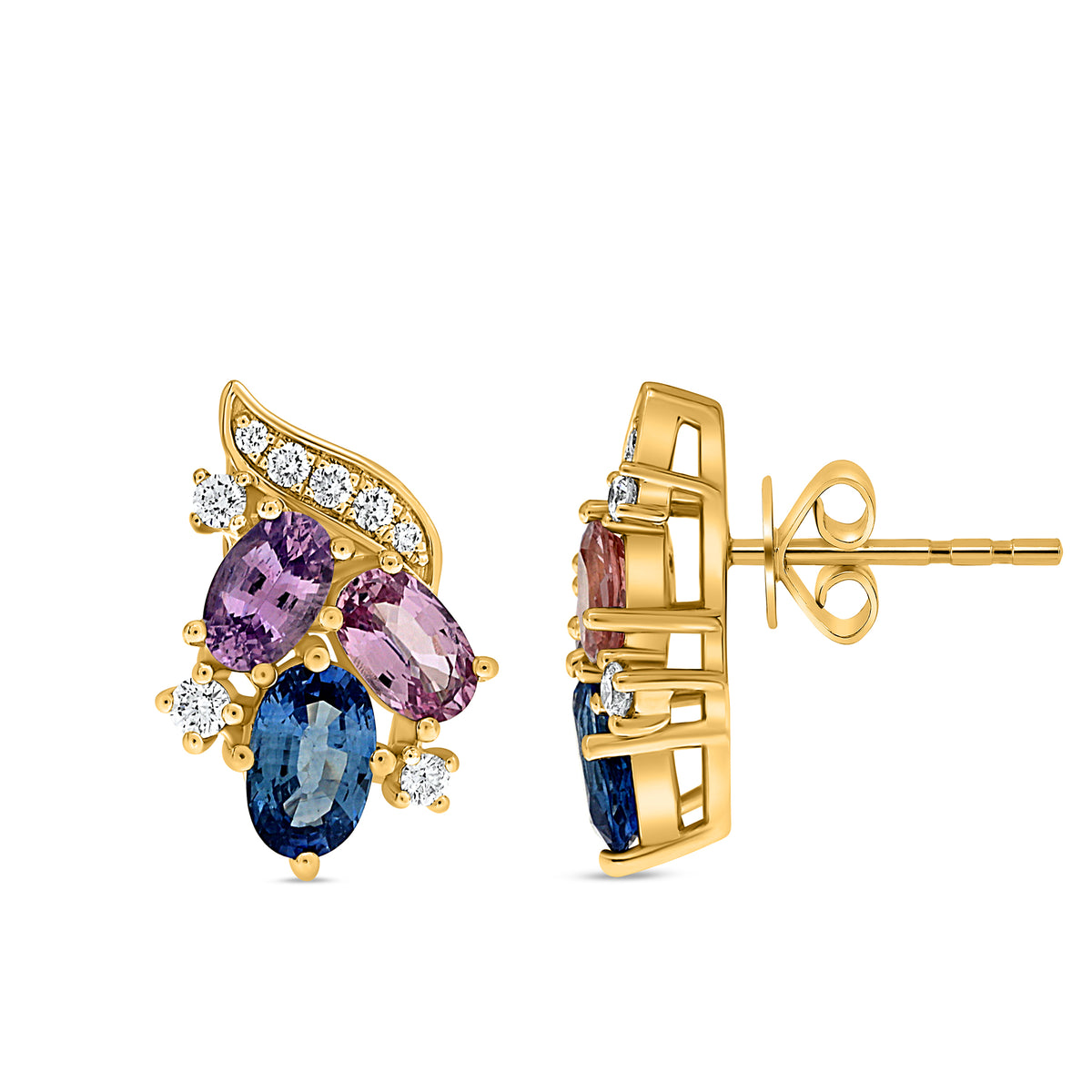 14K Yellow Gold Oval Multi-Color Sapphire Cluster Earrings
