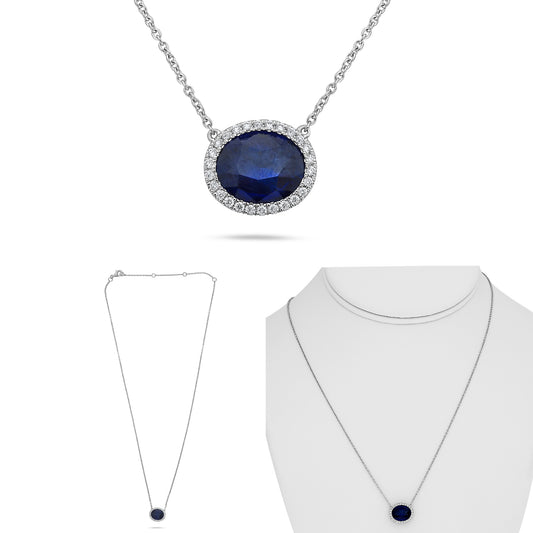 14K White Gold Oval Green Sapphire Halo Necklace
