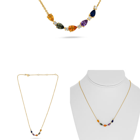 14K Yellow Gold Pear Multi-Color Sapphire Necklace