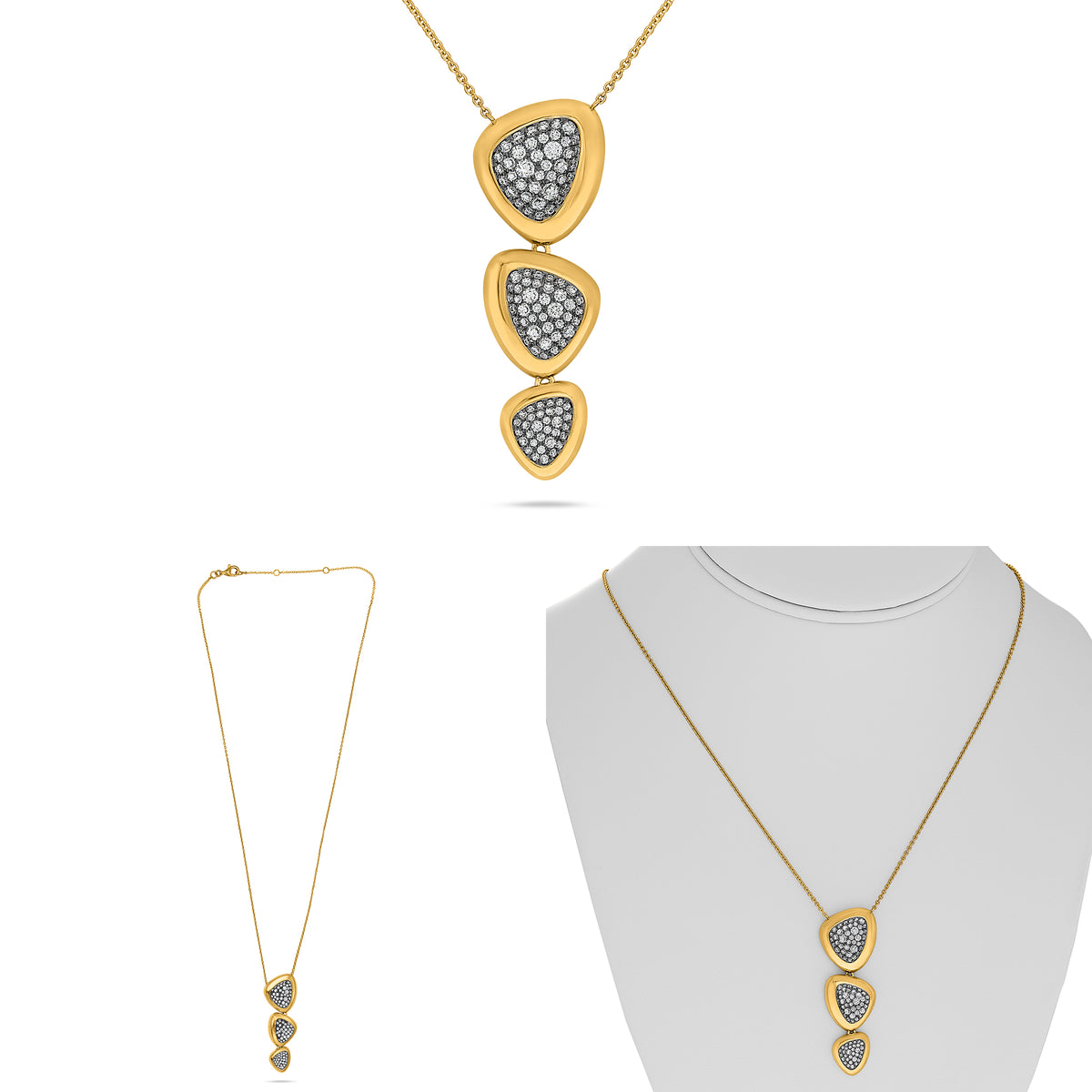 14K Yellow Gold Round Diamond Cluster Necklace
