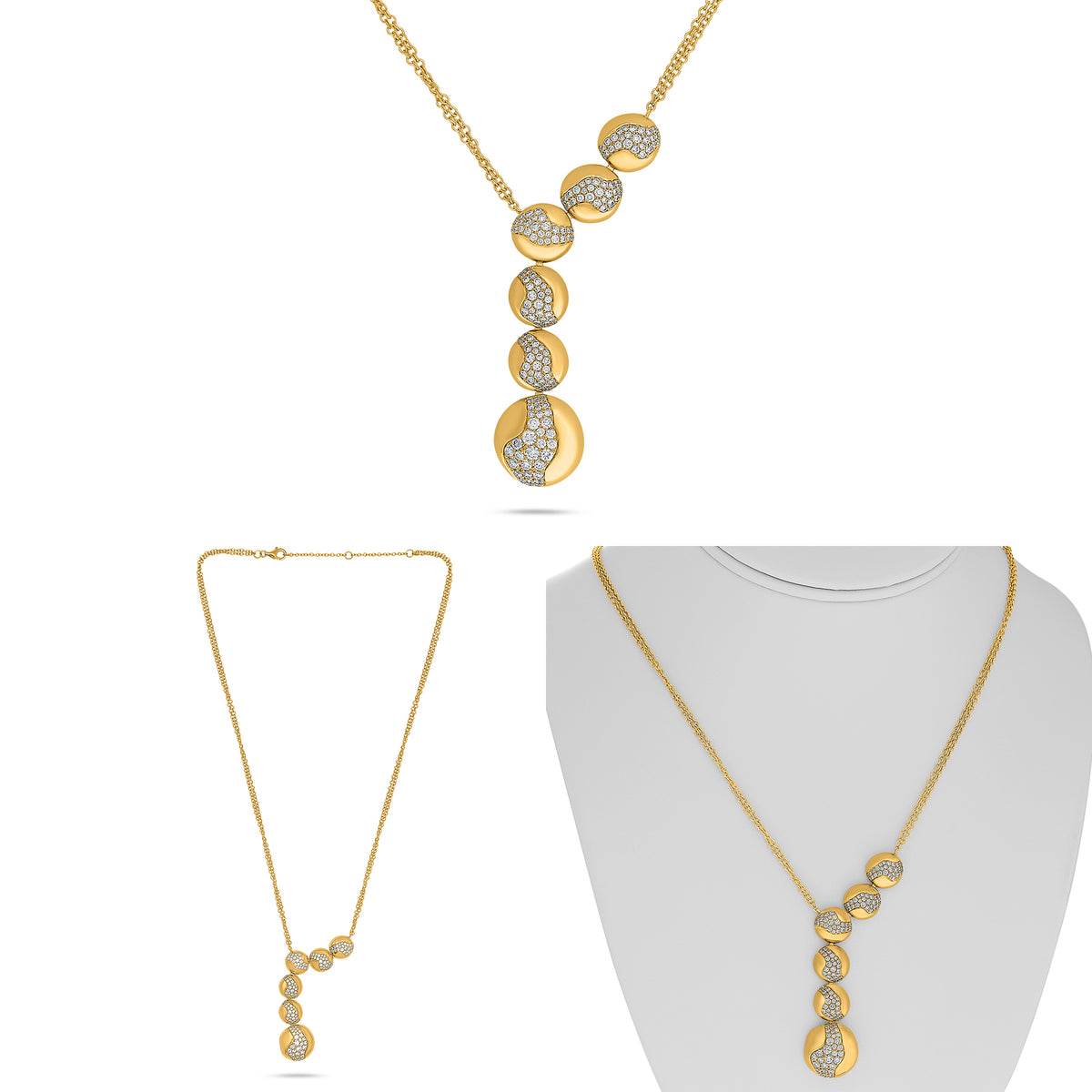 14K Yellow Gold Round Diamond Cluster Necklace
