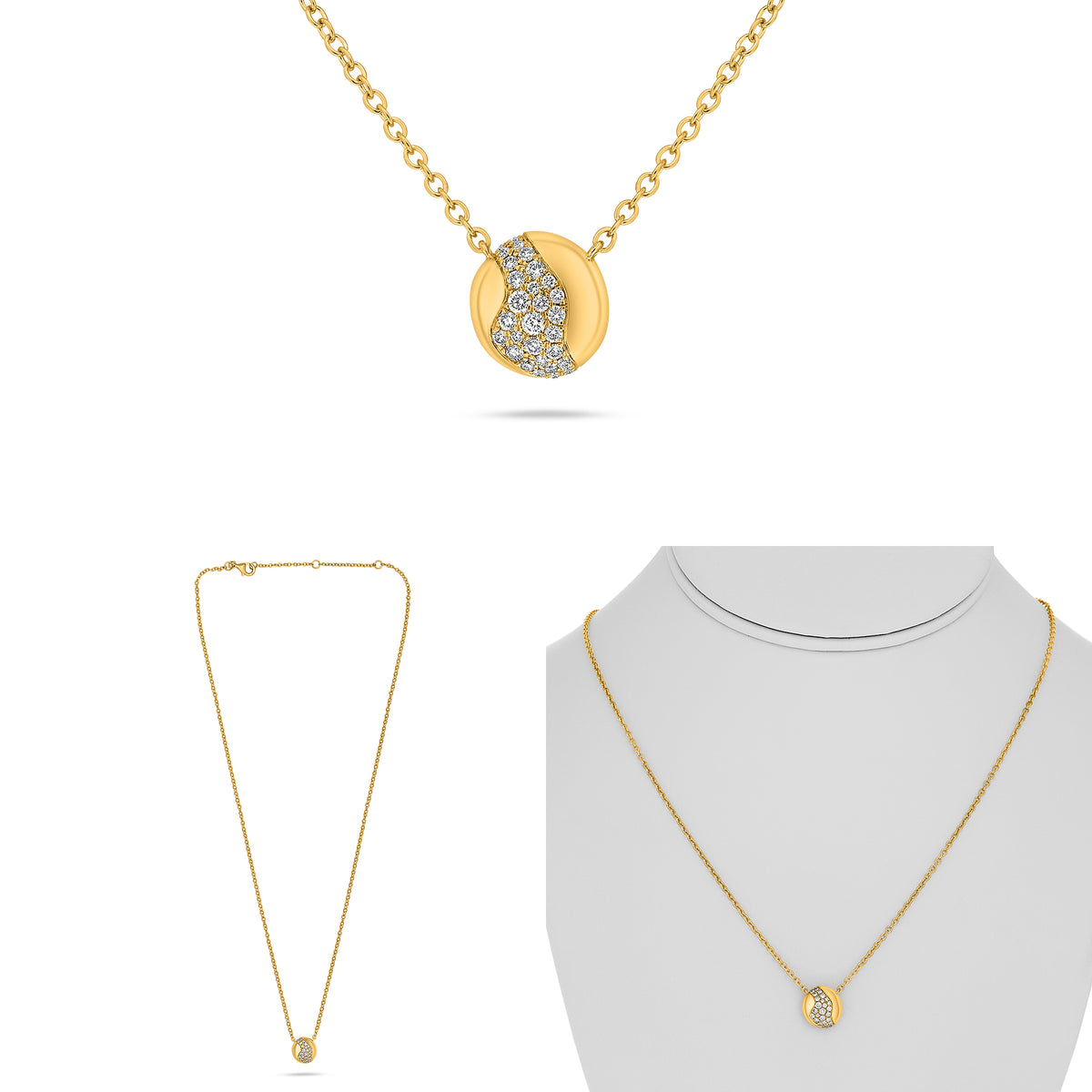 14K Yellow Gold Round Diamond Cluster Necklace