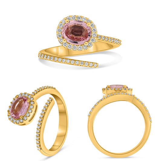 14K Yellow Gold Oval Pink Sapphire Halo Ring