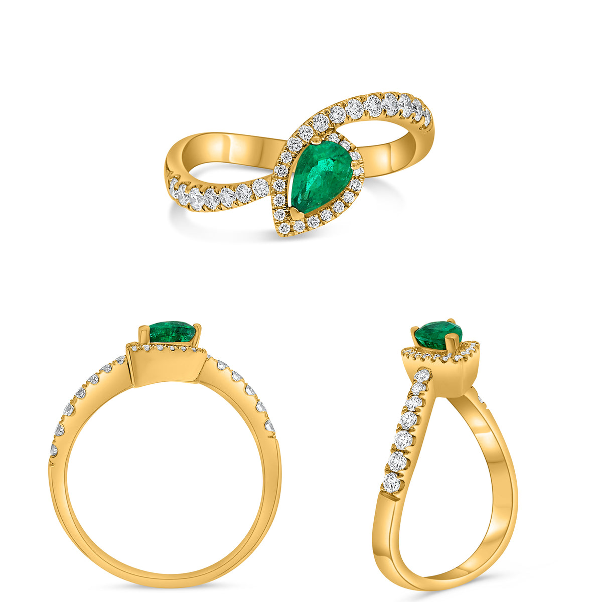 14K Yellow Gold Pear Emerald Halo Ring