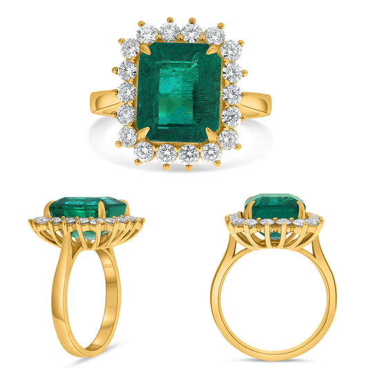 14K Yellow Gold Emerald Cut Emerald Halo Ring