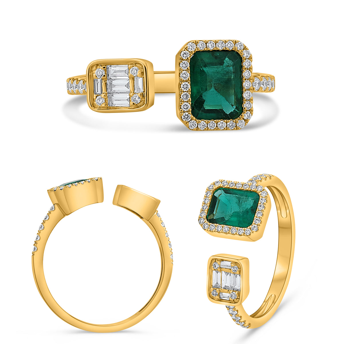 14K Yellow Gold Emerald Cut Emerald Halo Ring