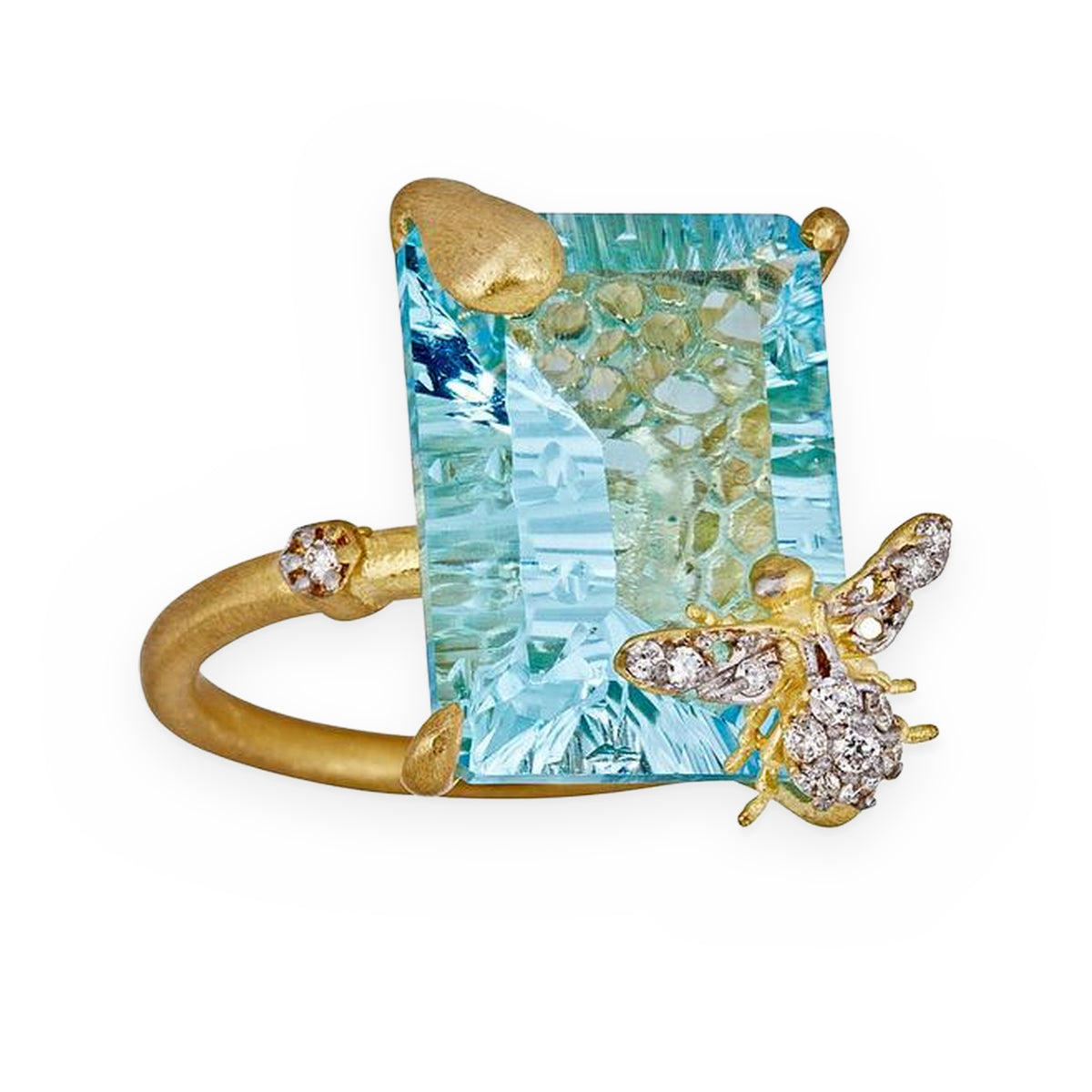Matte gold ring with emerald-cut blue topaz and diamond bee accent