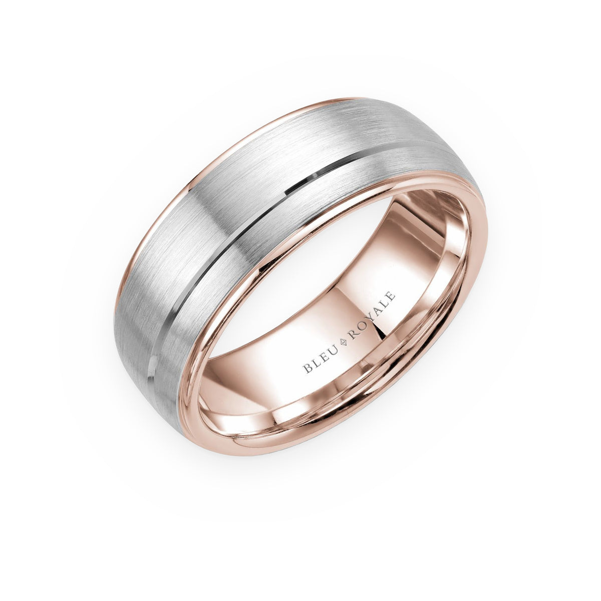 Two-tone white and rose gold men's wedding band by Bleu Royale