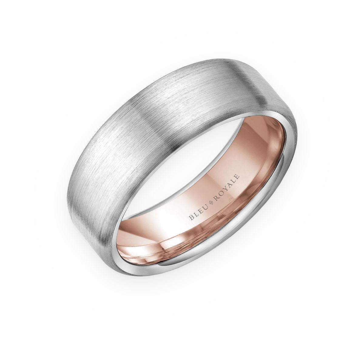 White gold brushed men's band with rose gold interior by Bleu Royale