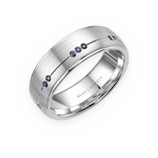 White gold brushed men's band scattered with blue sapphires by Bleu Royale