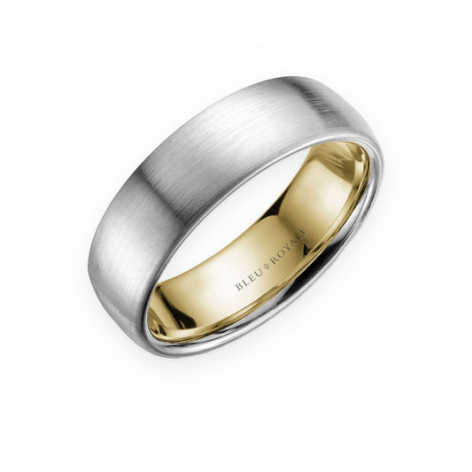 White gold brushed men's band with yellow gold interior by Bleu Royale