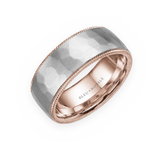 Two-tone gold hammered men's band with rose gold rope edges by Bleu Royale