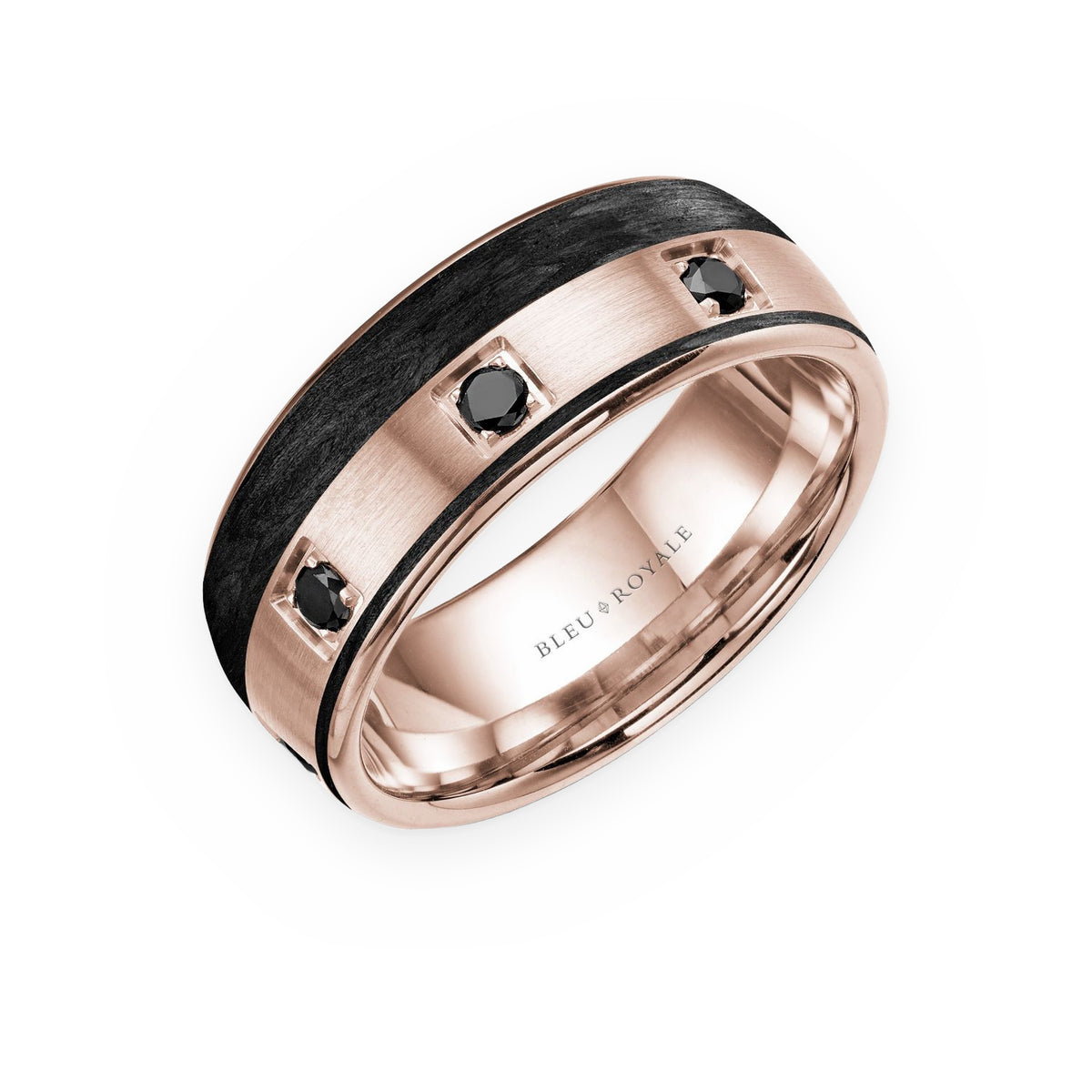 Rose gold men's band with black carbon inlay and black diamonds by Bleu Royale