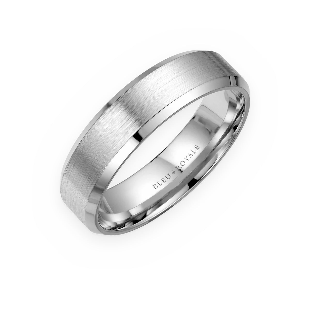 White gold brushed men's wedding band with beveled edges by Bleu Royale