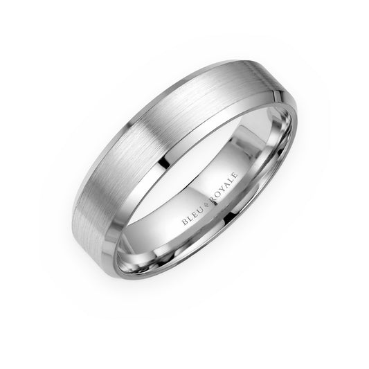 White gold brushed men's wedding band with beveled edges by Bleu Royale