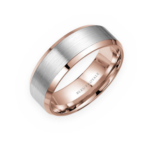 Two-tone white and rose gold beveled men's band by Bleu Royale