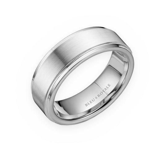 White gold brushed men's band with flat profile and polished edges by Bleu Royale