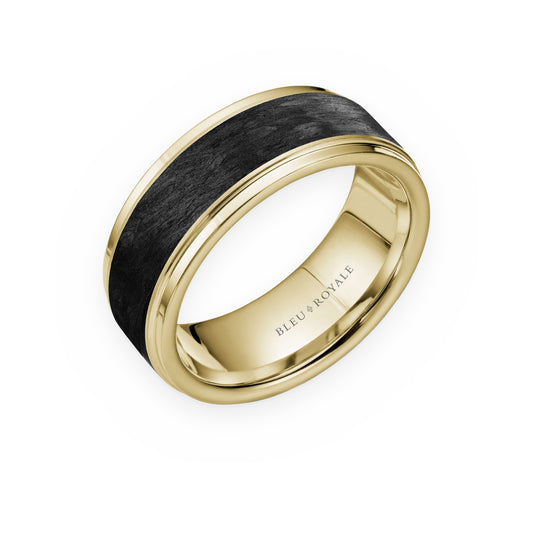 Yellow gold men's band with black forged carbon inlay by Bleu Royale