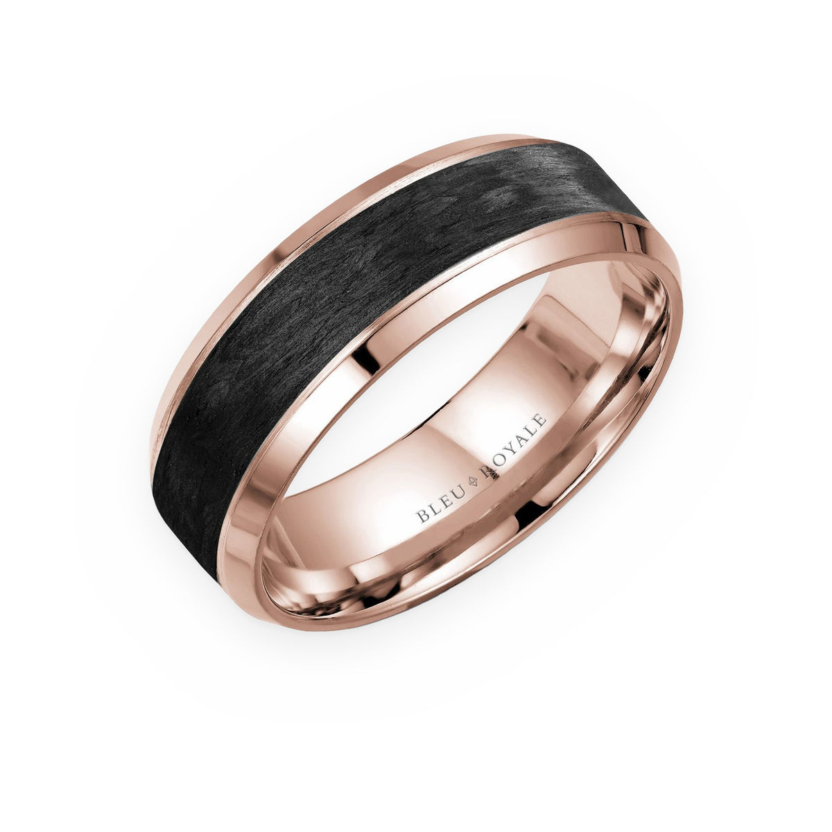 Rose gold men's band with black forged carbon center inlay by Bleu Royale