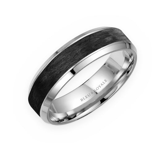 White gold men's band with black forged carbon inlay by Bleu Royale
