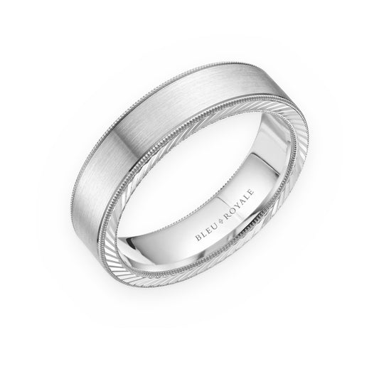White gold brushed men's band with diamond-cut edges by Bleu Royale