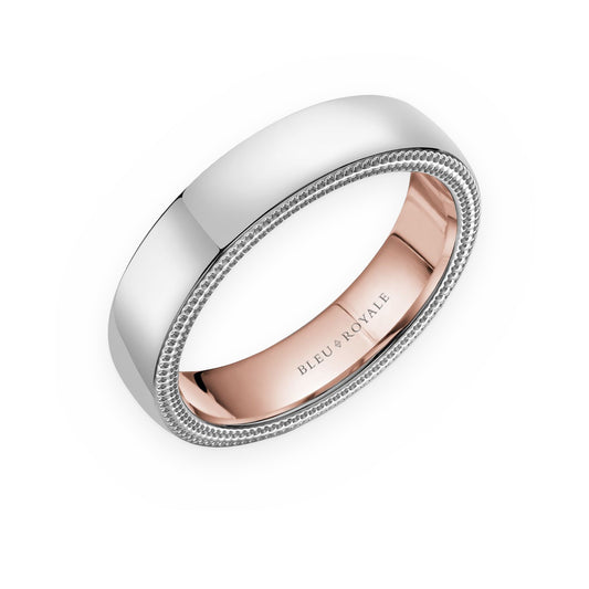 Two-tone white and rose gold men's band with beaded edges by Bleu Royale