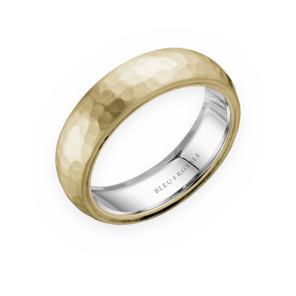 Two-tone yellow and white gold hammered men's band by Bleu Royale