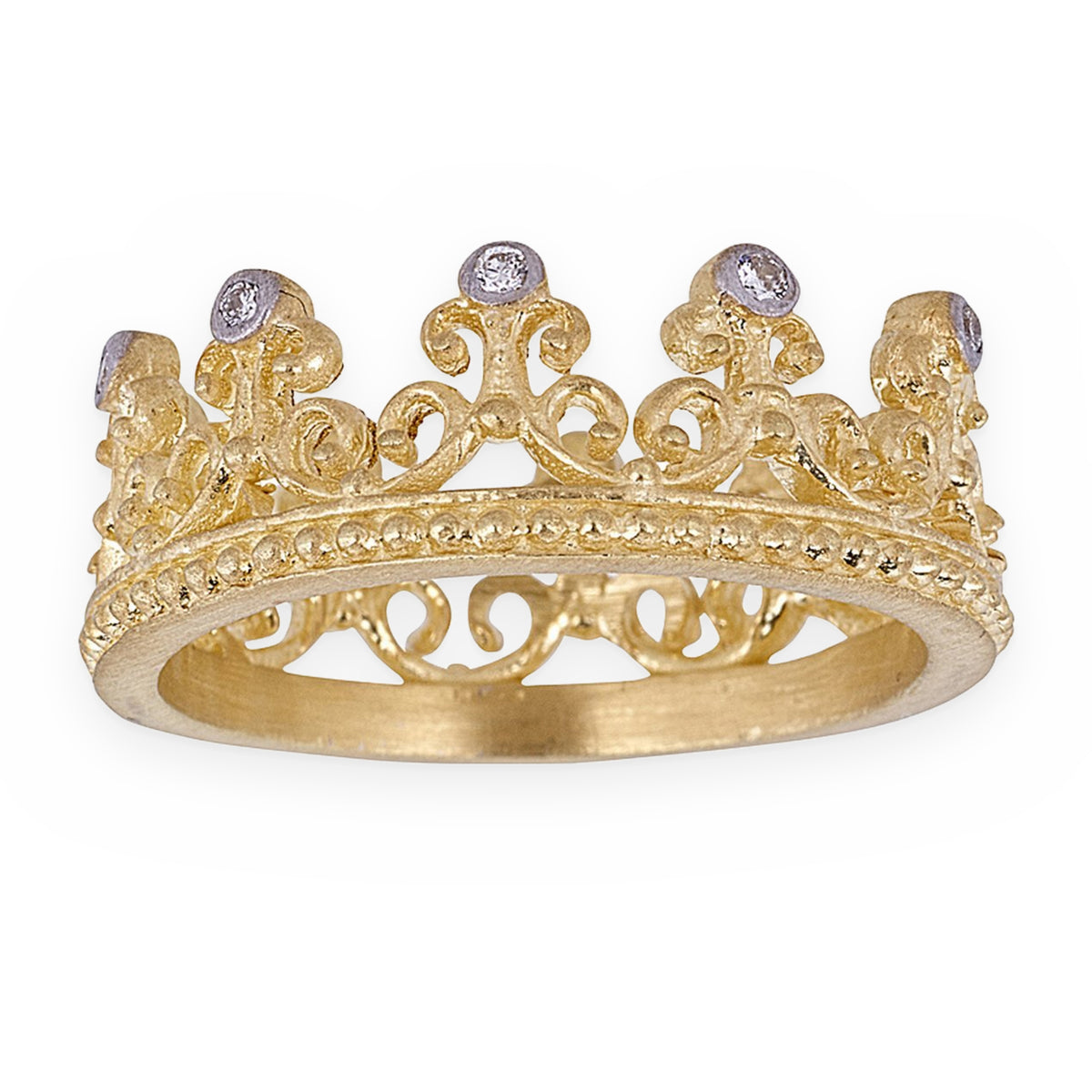 Two-tone gold scrollwork crown ring tipped with diamonds