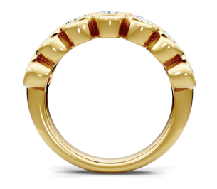 Yellow gold oval diamond bezel band shown in upright profile