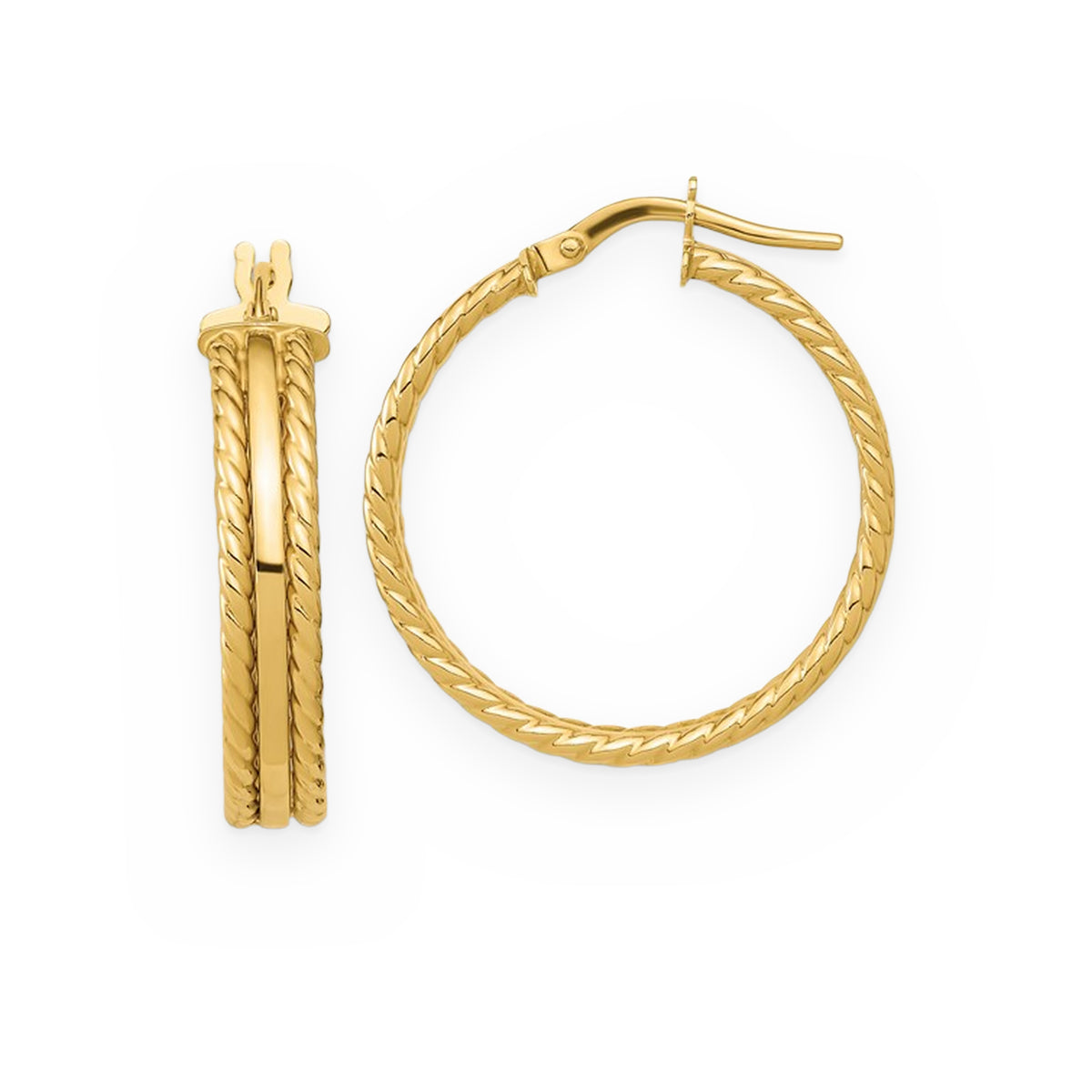 Yellow gold twisted-rope hoop earrings, front and profile view