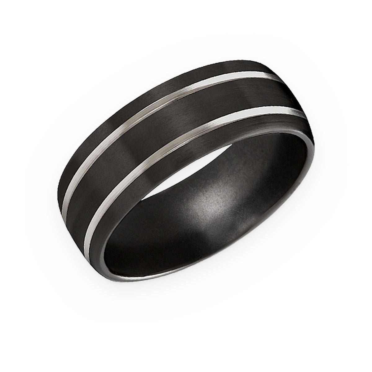 Black men's band with twin silver inlay stripes