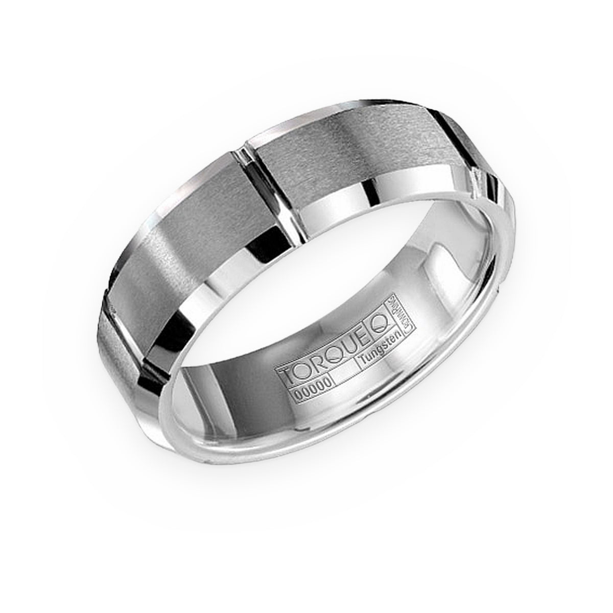 Torque tungsten men's band with brushed grooved center and polished edges