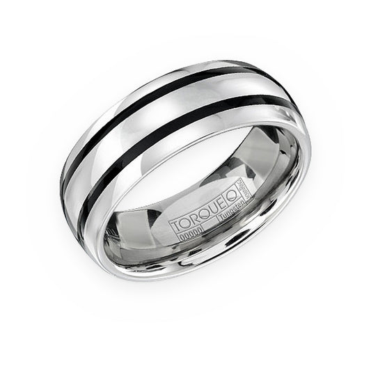 Torque tungsten men's band with twin black inlay stripes