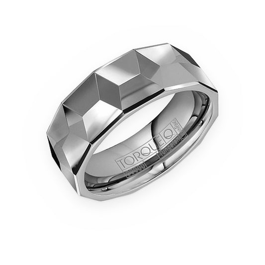 Torque tungsten men's band with faceted prism center