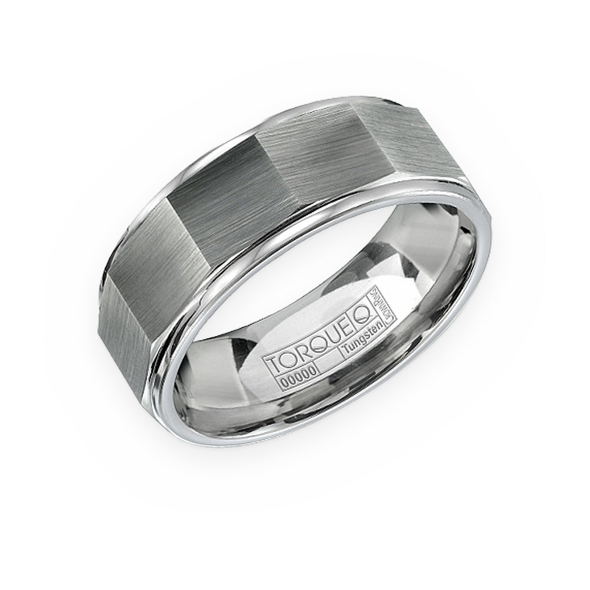 Torque tungsten men's band with brushed faceted center and polished edges