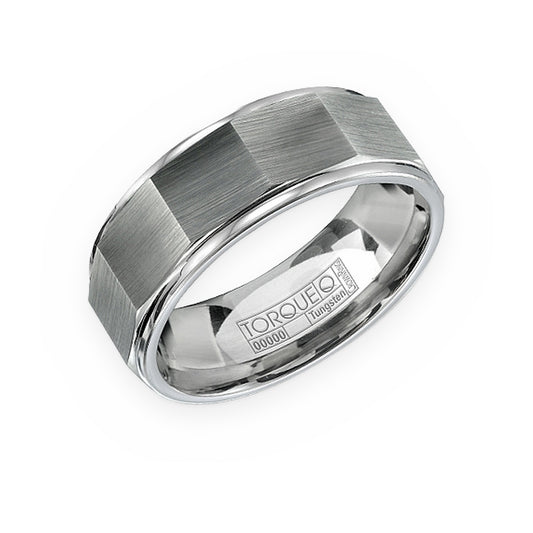 Torque tungsten men's band with brushed faceted center and polished edges