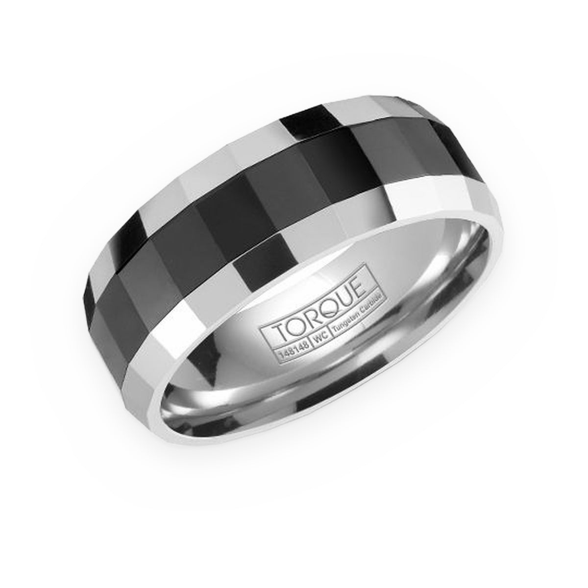 Torque two-tone tungsten men's band with black and silver faceted center