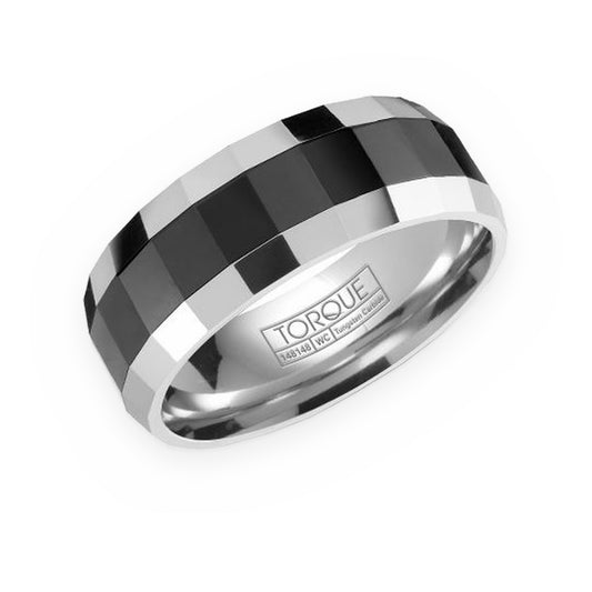 Torque two-tone tungsten men's band with black and silver faceted center