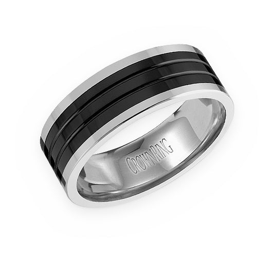 CrownRing two-tone men's band with black striped center and white edges