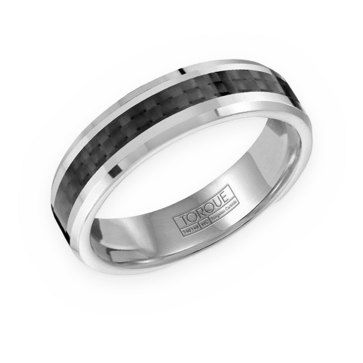 Torque tungsten men's band with black carbon-fiber inlay and white edges