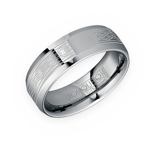 Torque tungsten men's band with etched Celtic-pattern center