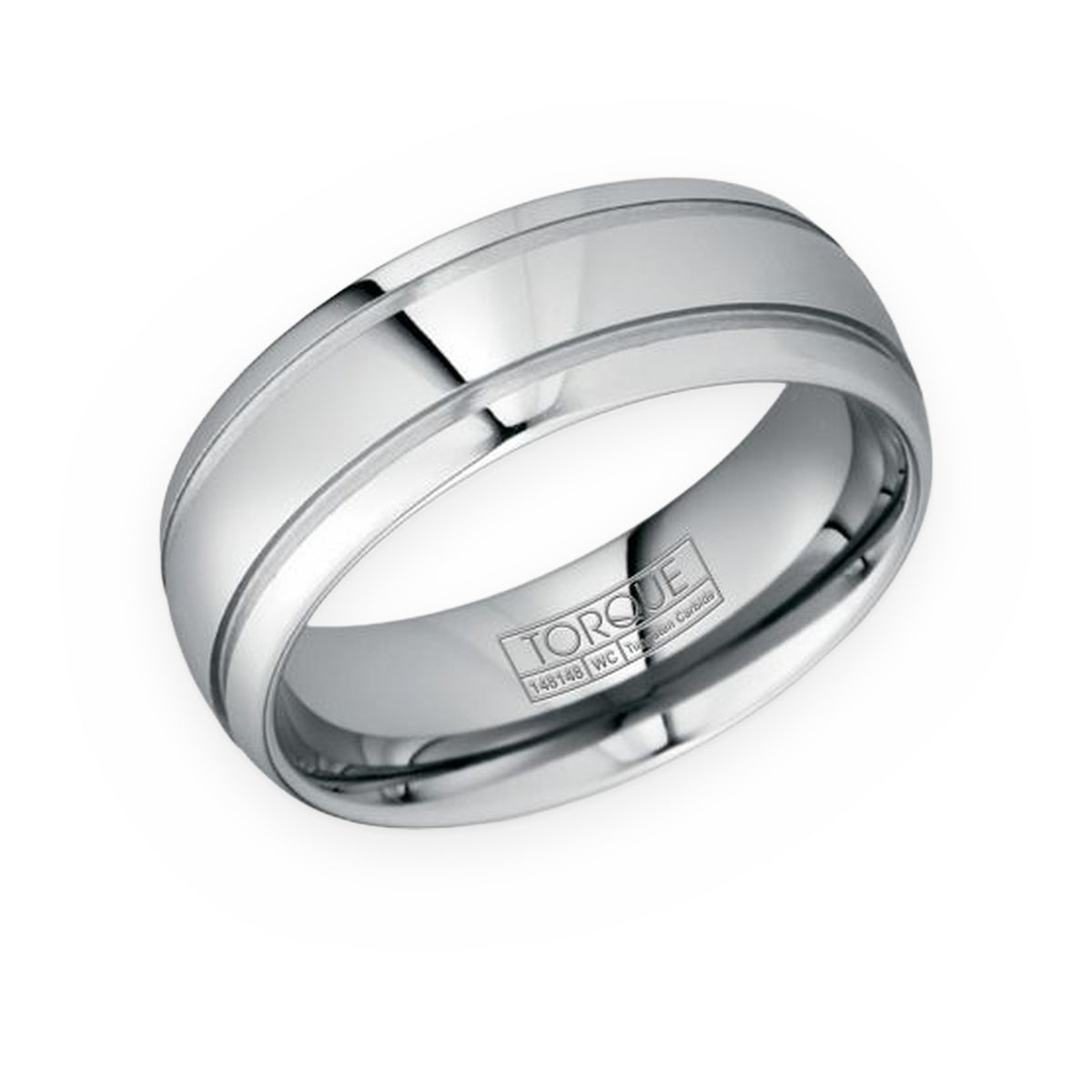 Torque tungsten men's band with polished center and thin grooved lines