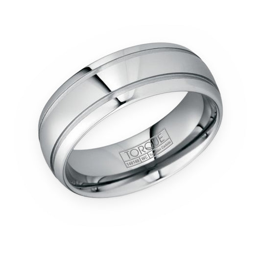 Torque tungsten men's band with polished center and thin grooved lines