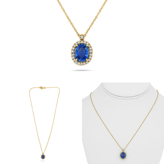14K Yellow Gold Oval Sapphire Halo Necklace