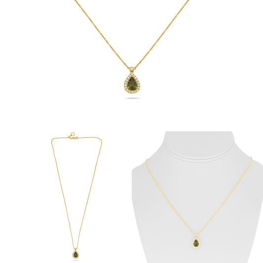 14K Yellow Gold Pear Green Sapphire Halo Necklace