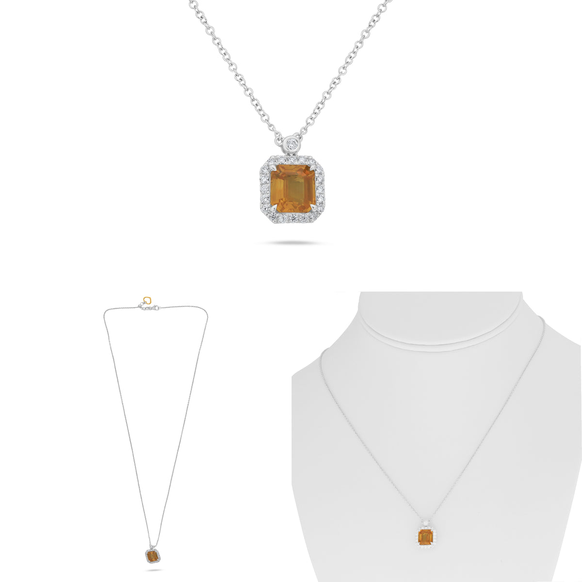 18K White Gold Emerald Cut Yellow Sapphire Halo Necklace